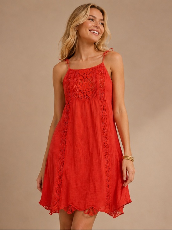 Alya Dresses & Skirts - Alya Red Crochet Lace Boho Mini Dress Festival Summer Small